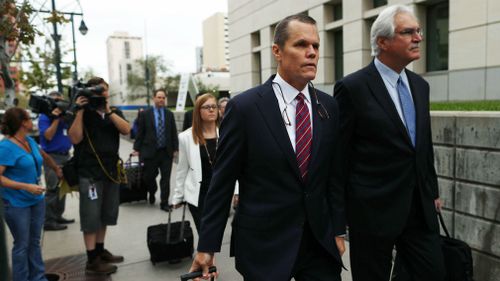 Douglas Baldridge, attorney for pop singer Taylor Swift, leads his team into the morning session of the the fourth day of the civil trial. (AAP)