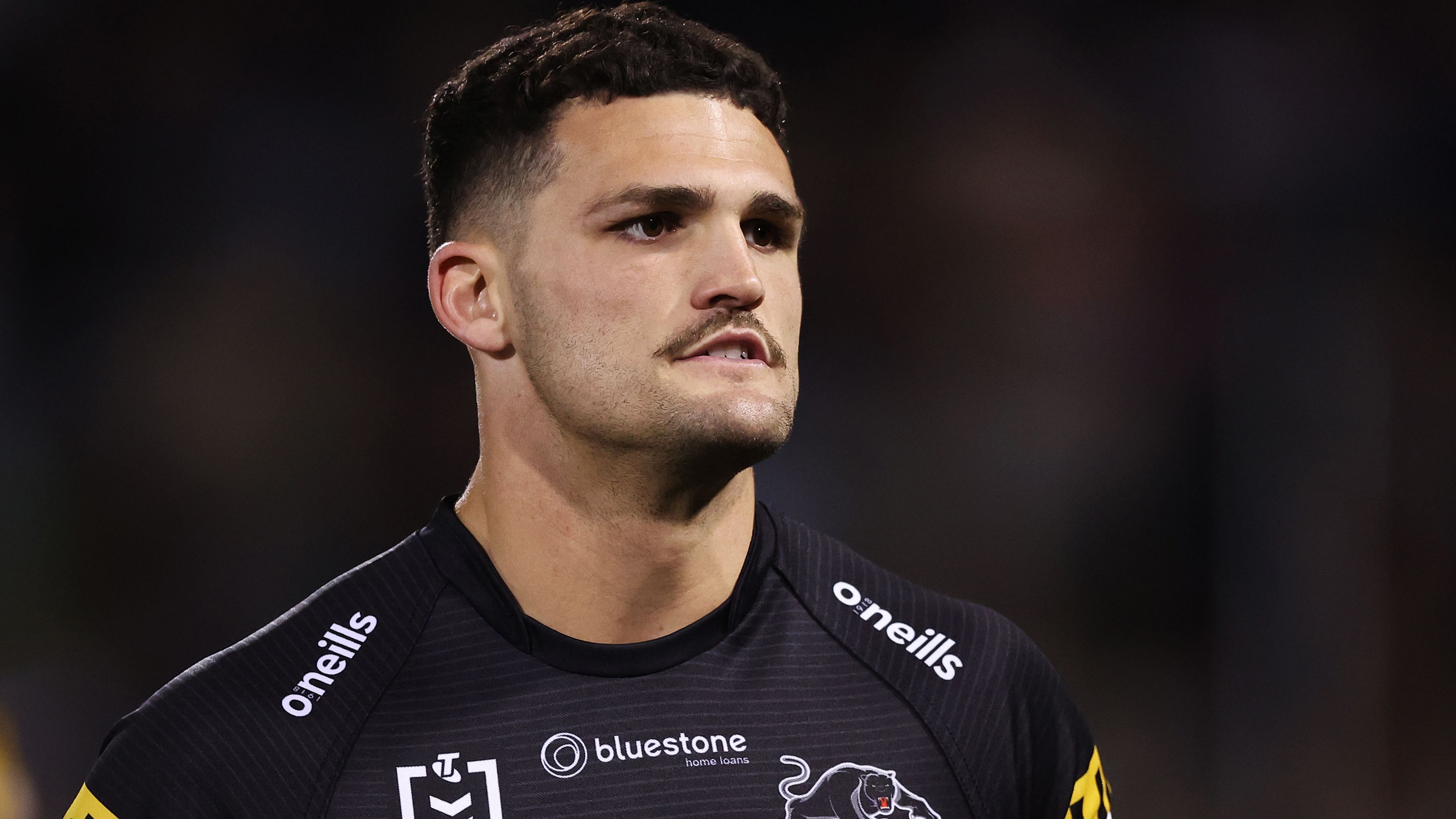 PENRITH, AUSTRALIA - AUGUST 24:  Nathan Cleary of the Panthers warms up during the round 26 NRL match between Penrith Panthers and Parramatta Eels at BlueBet Stadium on August 24, 2023 in Penrith, Australia. (Photo by Mark Metcalfe/Getty Images)