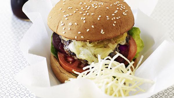 Classic beef burgers with shoestring fries