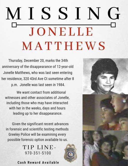 Missing persons post for US schoolgirl Jonelle Matthews who vanished in 1984.