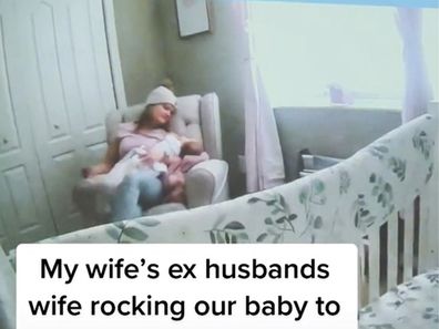 Woman rocking baby to sleep on baby monitor with caption " My wife's ex-husband's wife rocking our baby to sleep."