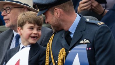 Prince William, Prince of Wales and Prince Louis during the military procession to mark the 80th anniversary of VE Day on May 05, 2025 in London, England.