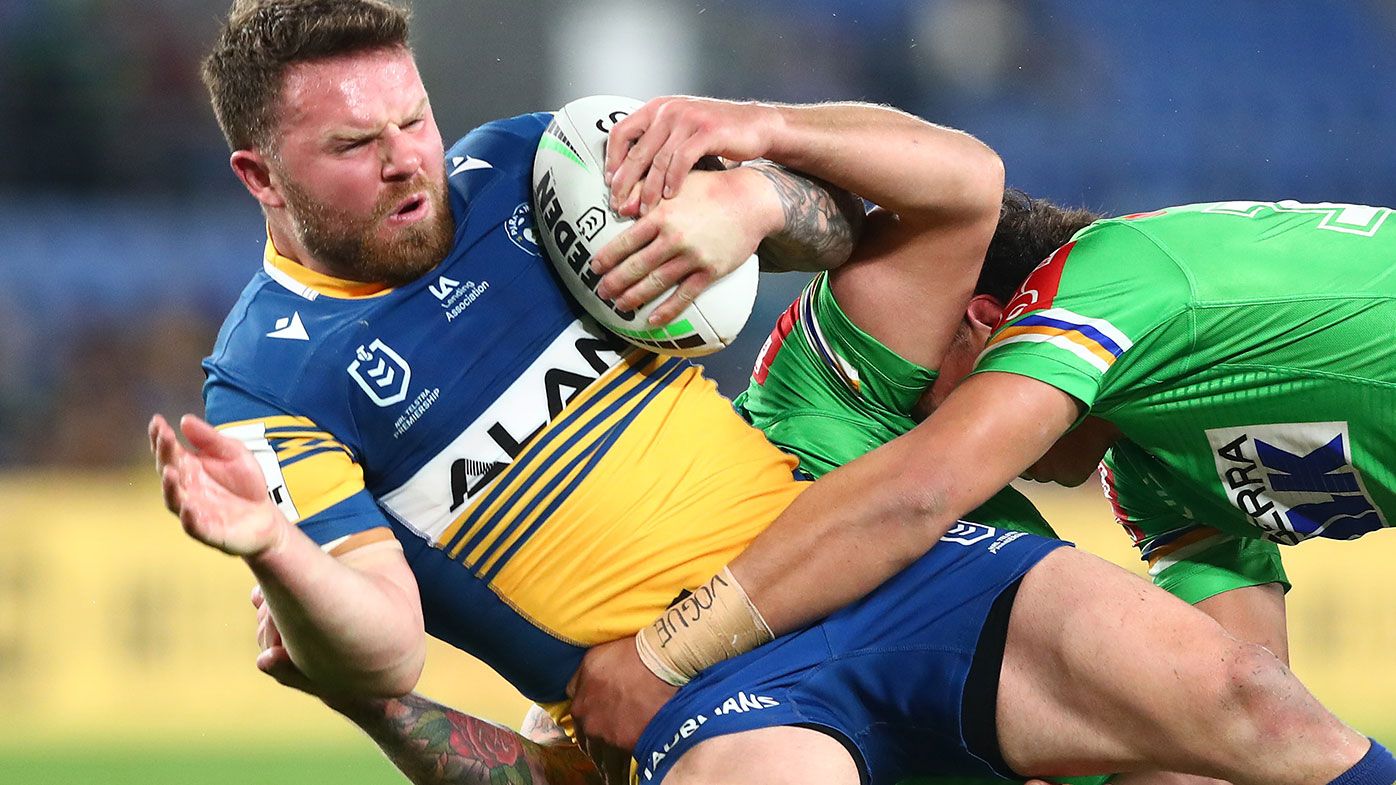 Nathan Brown of the Eels is tackled during the round 19 NRL match between the Parramatta Eels and the Canberra Raiders at Cbus Super Stadium, on July 22, 2021, in Gold Coast, Australia. (Photo by Chris Hyde/Getty Images)