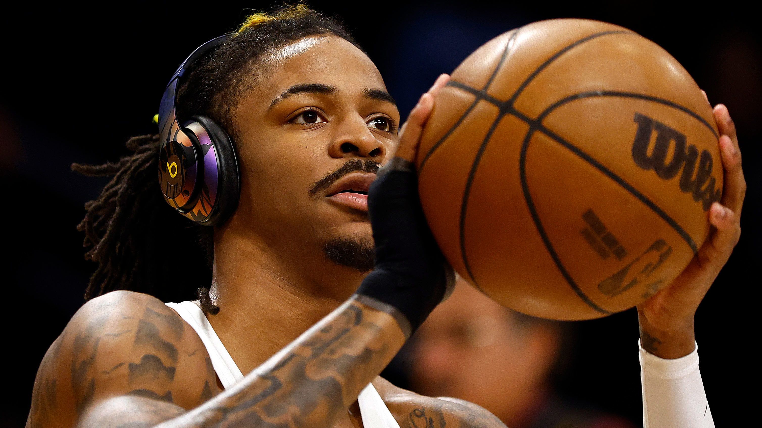 Ja Morant #12 of the Memphis Grizzlies warms up before play against the Los Angeles Lakers in game six of the Western Conference first round playoffs.