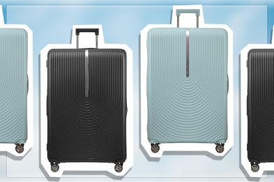 9PR: Samsonite Hi-Fi Spinner Expandable Suitcase, Black and Sky Blue