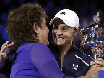 Ash Barty, right, embraces Evonne Goolagong Cawley as she receives the Daphne Akhurst Memorial Cup.