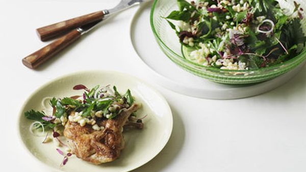 Quail with fregolone Sardo and parsley salad