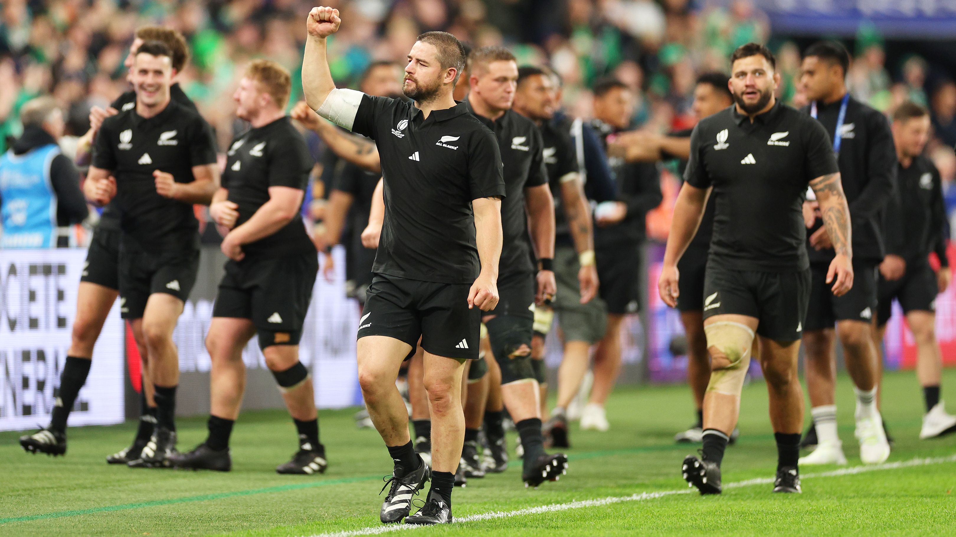 Dane Coles of New Zealand acknowledges the fans following the team&#x27;s victory over Ireland.