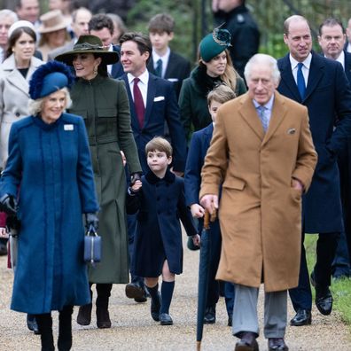 SANDRINGHAM, NORFOLK - DECEMBER 25:  Catherine, Princess of Wales, Camilla, Queen Consort, Prince Louis, Prince George, King Charles III and Prince William, Prince of Wales attend the Christmas Day service at Sandringham Church on December 25, 2022 in Sandringham, Norfolk. King Charles III ascended to the throne on September 8, 2022, with his coronation set for May 6, 2023. (Photo by Samir Hussein/WireImage)