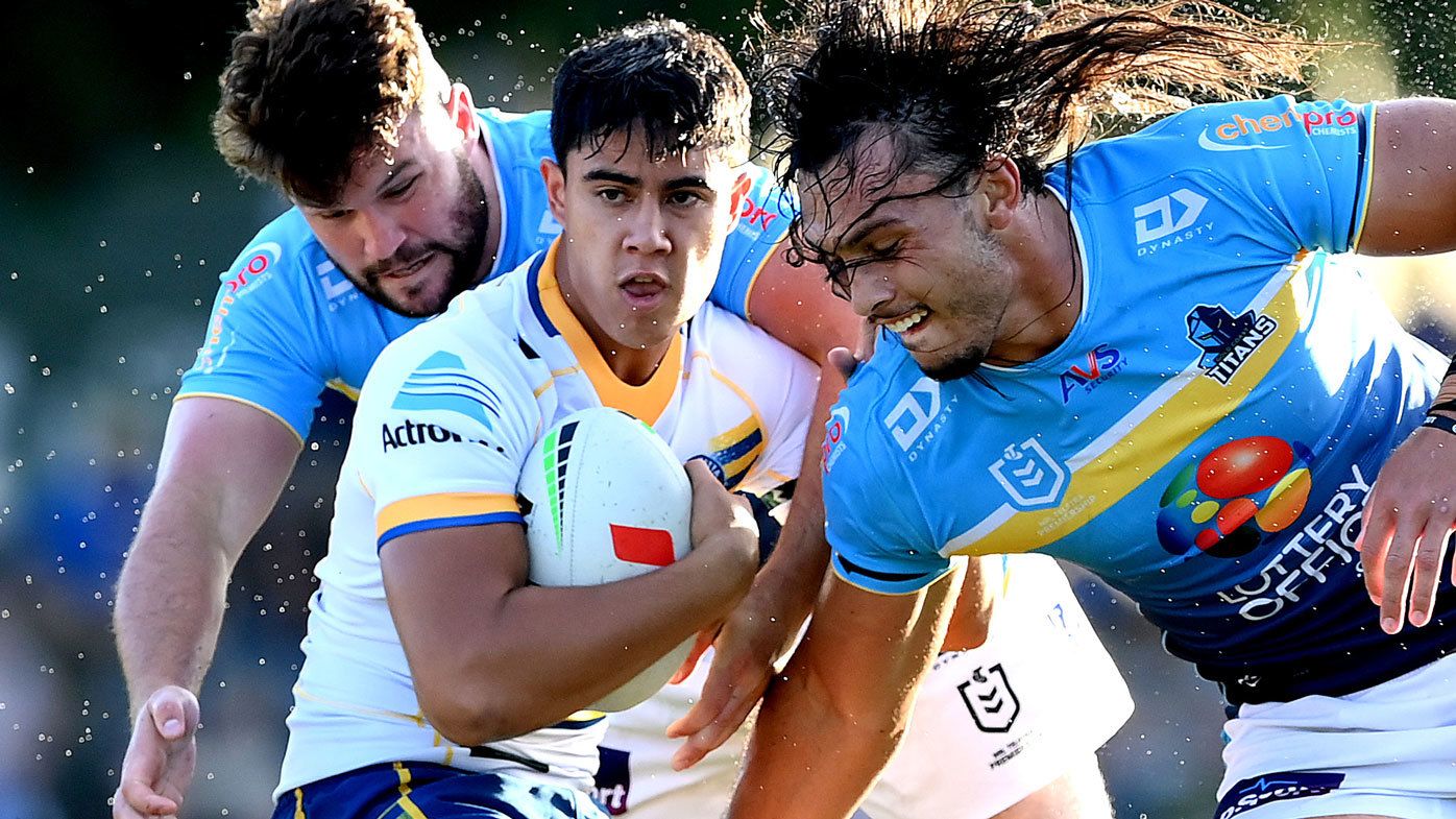 Blaize Talagi of the Eels is tackled during a match against the Titans in the NRL&#x27;s 2024 Pre-Season Challenge.