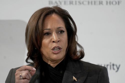 Vice President of the United States Kamala Harris speaks at the Munich Security Conference in Munich, Saturday, Feb. 18, 2023.