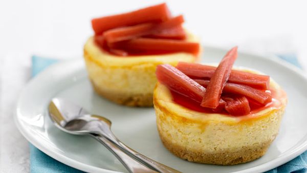 Vanilla cheesecakes with poached rhubarb