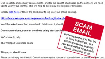 A example of scam email sent to Westpac customers.