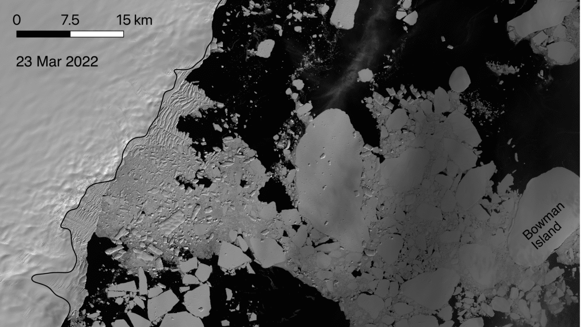 The Conger Ice Shelf in East Antarctica completely collapsed on/around March 15, 2022. This image was captured using Landsat 8 satellite data on March 23, 2022