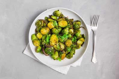 Baked Green Brussels Sprouts with honey and Parmesan cheese.