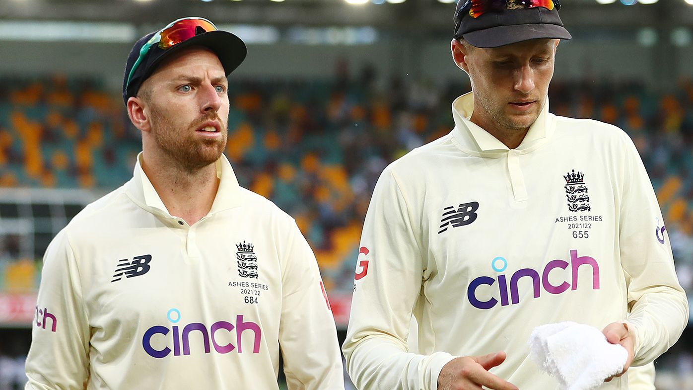 Jack Leach and Joe Root leave the Gabba at the end of day two of the first Test.