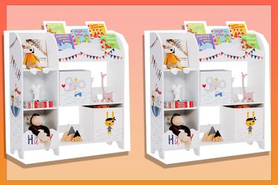 9PR: HONEY JOY Kids Bookshelf, Wooden Children Storage Display Cabinet Bookcase w/ 5 Open Shelves, 2 Storage Boxes and 3 Slots, Kids Toy and Book Organizer for Playroom, Children's Room