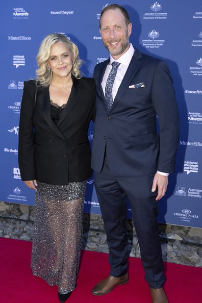 2023 SA Australian of the Year Taryn Brumfitt and Tim Pearson pose for photos during arrivals for the 2023 Australian of the Year Awards ceremony at the National Arboretum in Canberra on Wednesday 25 January 2023.  