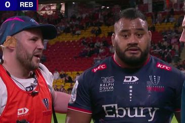 Rebels prop Taniela Tupou leaves the field after copping a hit to the head in the round 12 match against the Reds.
