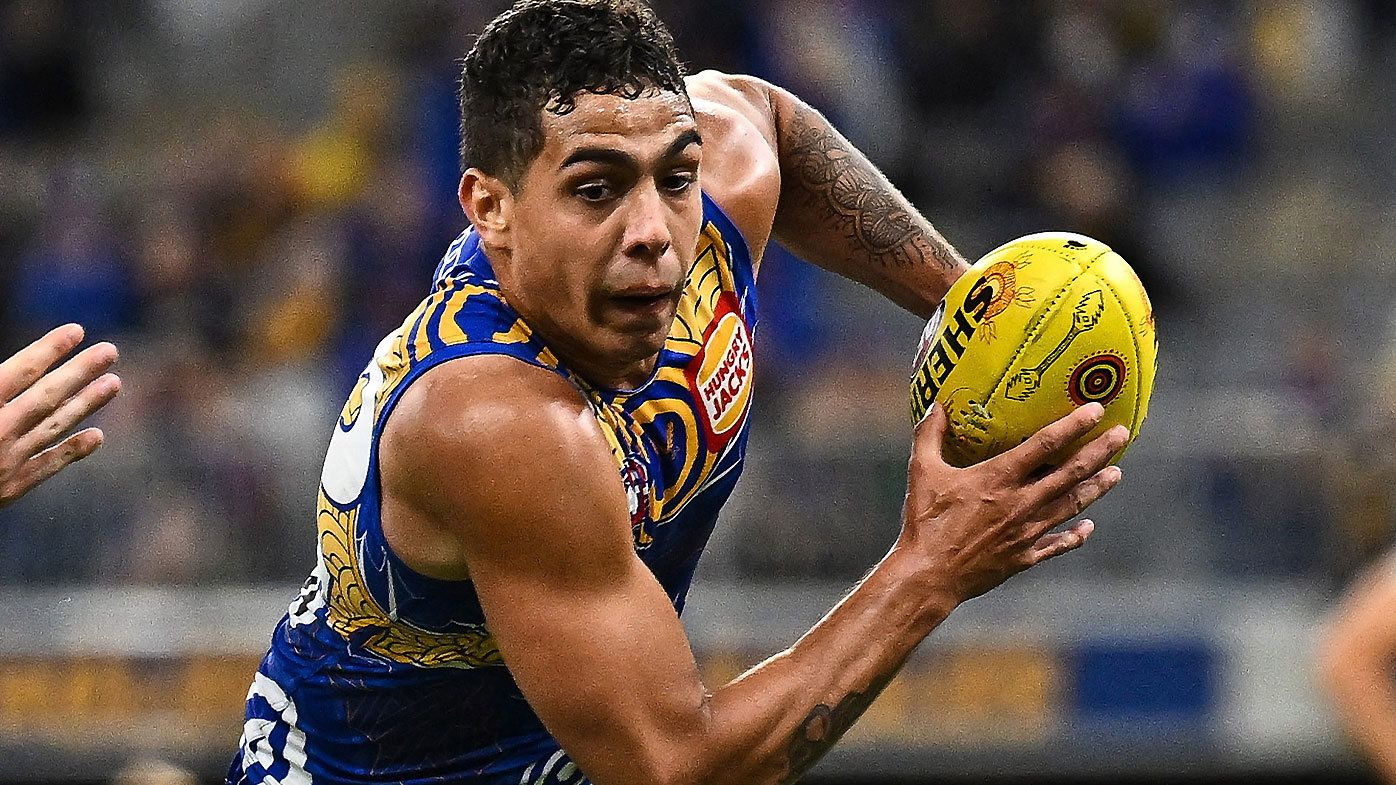 PERTH, AUSTRALIA - MAY 28: Isiah Winder of the Eagles runs with the ball during the 2022 AFL Round 11 match between the West Coast Eagles and the Western Bulldogs at Optus Stadium on May 28, 2022 in Perth, Australia. (Photo by Daniel Carson/AFL Photos via Getty Images)