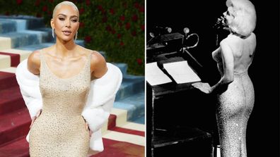 Kim Kardashian (left) wears Marilyn Monroe's iconic dress (right) to 2022 Met Gala