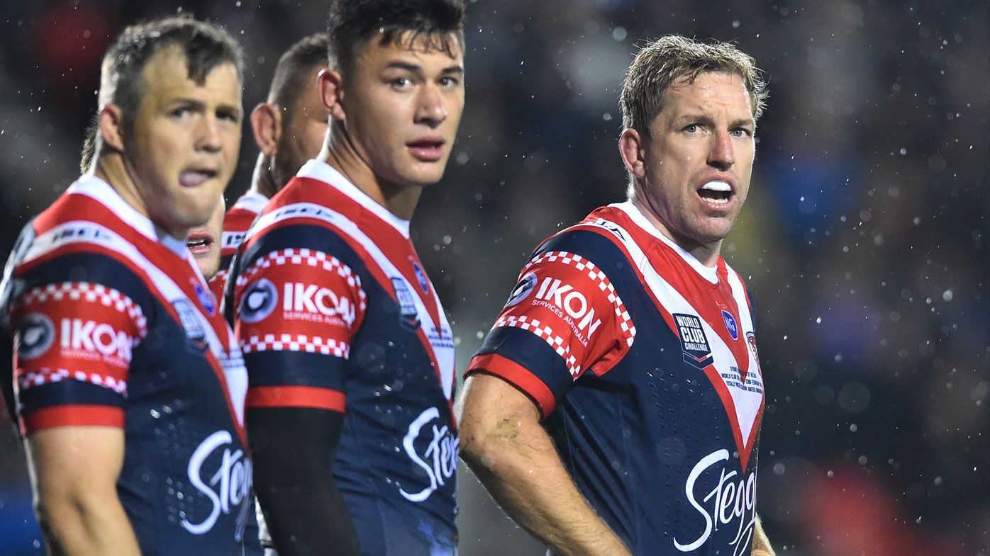 Mitch Aubusson and Joey Manu of the Roosters. (Getty)