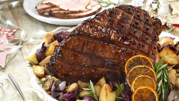 Bourbon glazed baked Christmas ham