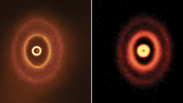 These images, captured in 2018 (left) and 2017 of GW Orionis show its misaligned rings.