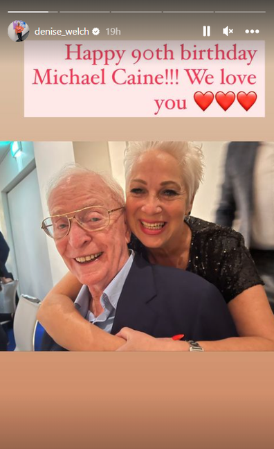 Loose Women star Denise Welch smiles with Sir Michael Caine at his 90th Birthday Party.