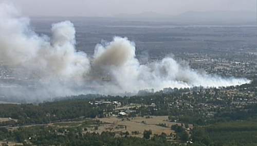 The blaze has spread through the nearby Yarrowee Pine Plantation.