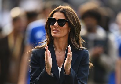 Rebekah Vardy, Wife of Jamie Vardy of Leicester City, acknowledges the fans during a lap of honour following the Premier League match between Leicester City FC and Ipswich Town FC at The King Power Stadium on May 18, 2025 in Leicester, England. 