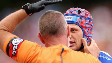 SYDNEY, AUSTRALIA - MARCH 12: Kalyn Ponga of the Knights leaves the field for an HIA during the round two NRL match between Wests Tigers and Newcastle Knights at Leichhardt Oval on March 12, 2023 in Sydney, Australia. (Photo by Cameron Spencer/Getty Images)
