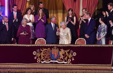 Camilla, Duchess of Cornwall, Princess Eguenie, Princess Beatrice, Prince Charles, Prince of Wales,Lady Louise Windsor, Sophie, Countess of Wessex, Prince William, Duke of Cambridge, Princess Anne, Princess Royal, Vice Admiral Sir Timothy Laurence, Prince Harry, Meghan Markle and Prince Edward welcome Queen Elizabeth II