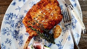 Parmesan & lemon thyme crusted pork cutlet with agresto & figs in prosciutto recipe