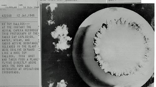 This iconic Navy image, entitled “No Toy Balloon”, depicts the exact moment of the Baker explosion (National Security Archive) 