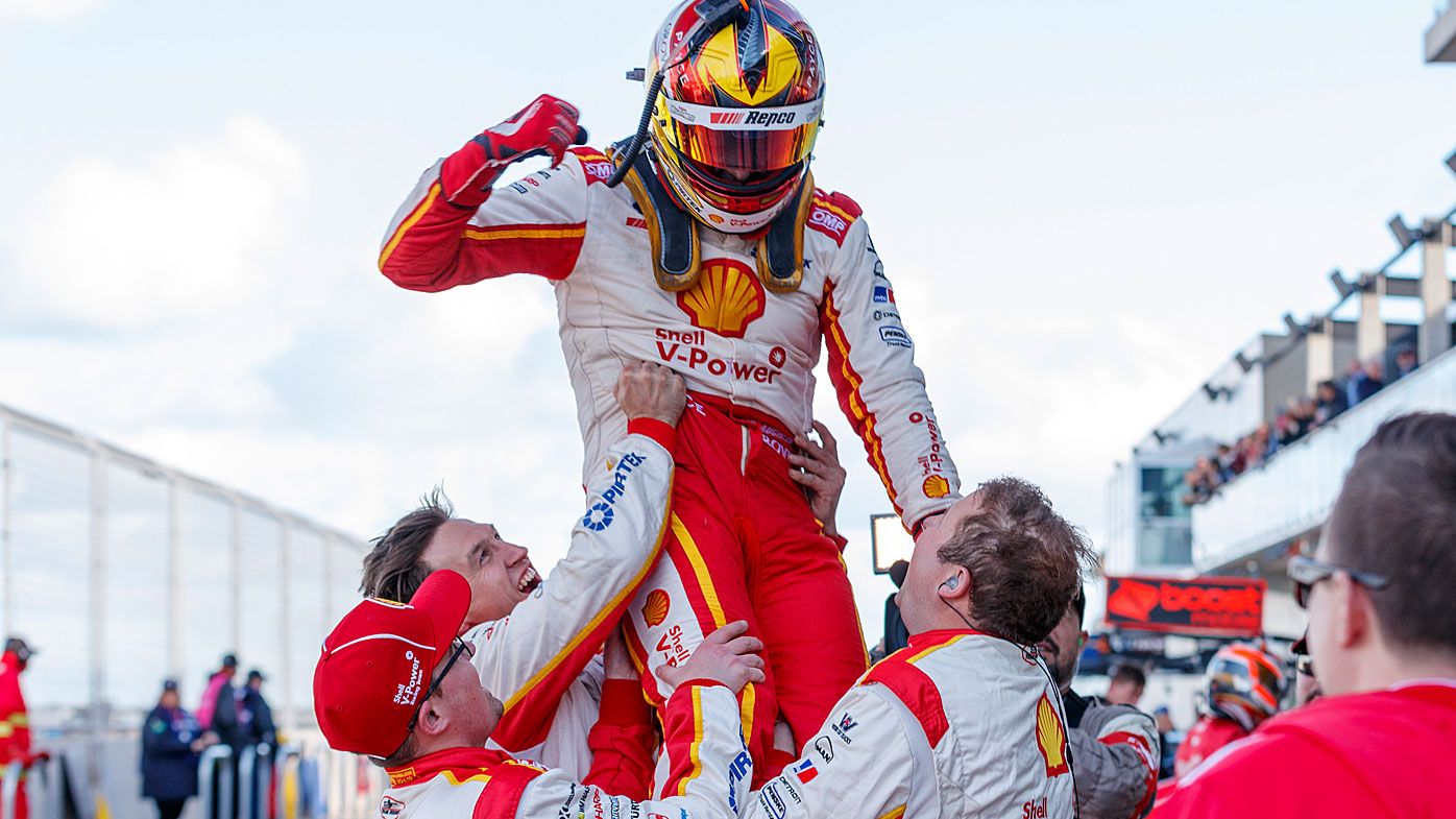 Supercars driver Scott McLaughlin (centre) after winning the OTR SuperSprint The Bend Event 10 of the Virgin Australia Supercars Championship at Tailem Bend, South Australia.