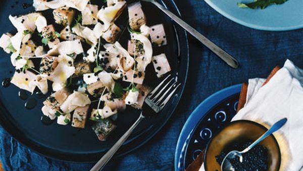 White pepper-cured kingfish with lardo, Avruga and rye crisps