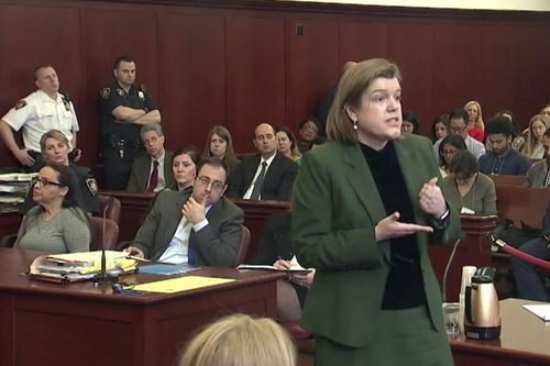 In this image from video, Assistant District Attorney Courtney Groves, right, addresses the jury in the trial of Yoselyn Ortega, left, a trusted nanny to a well-to-do family, during the first day of her trial, in New York, Thursday, March 1, 2018. In October 2012 Ortega took two young children in her care into a bathroom at their Manhattan apartment, slaughtered them with a knife and then slit her own throat. (WYNY-TV/Pool Photo via AP)
