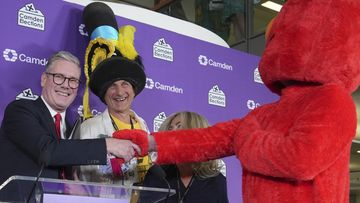 Keir Starmer with someone dressed as Elmo and other candidate for his local constituency