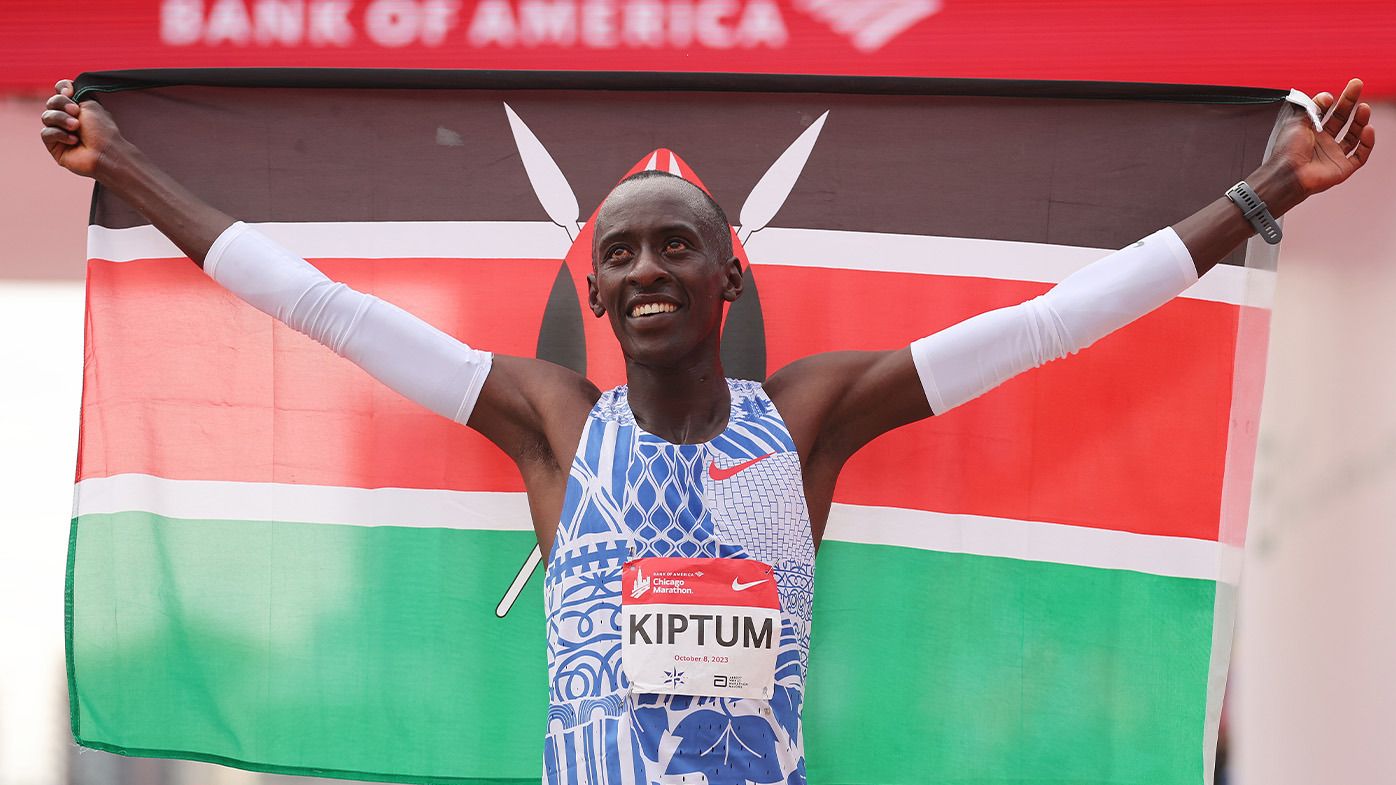 Kenya&#x27;s Kelvin Kiptum celebrates winning the Chicago Marathon and breaking Eliud Kipchoge&#x27;s men&#x27;s marathon world record.
