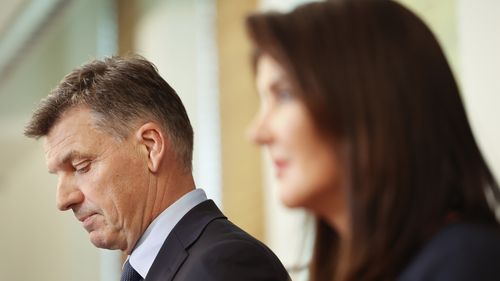 Angus Taylor and Jane Hume at a press conference