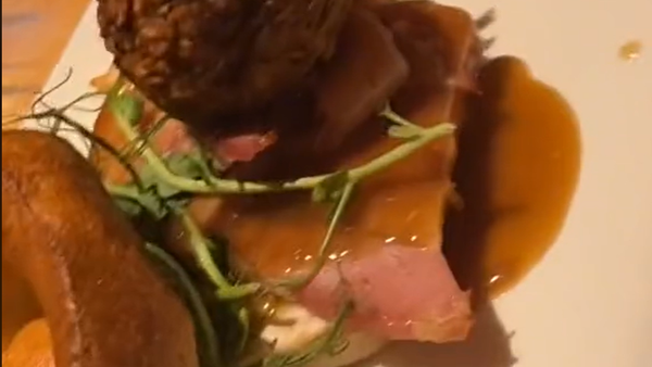 A diner in the UK has shared his surprised as his pub roast arrived after paying $25 for the meal.