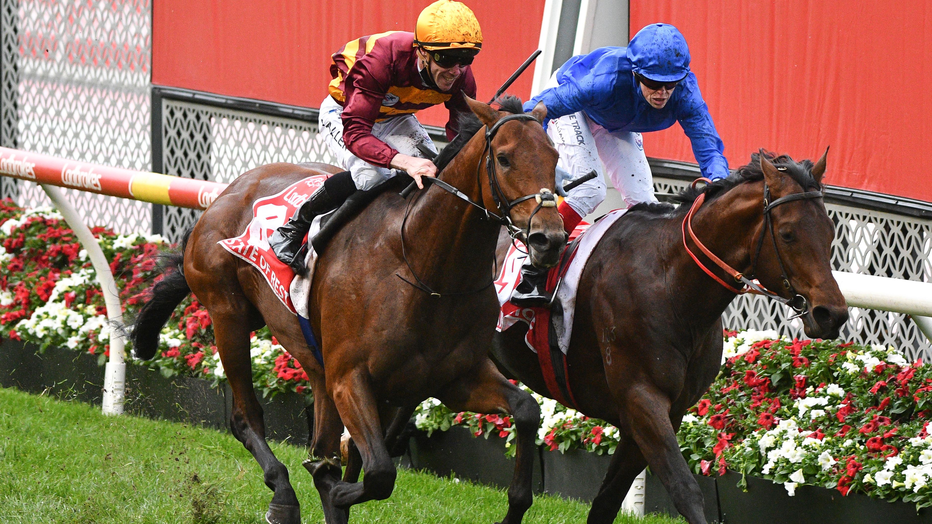John Allen riding State Of Rest defeats Craig Williams riding Anamoe in the Cox Plate.