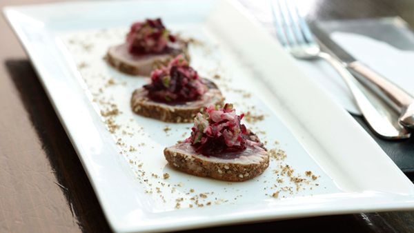 Dukkah-crusted bluefin tuna with a beetroot and cucumber salad