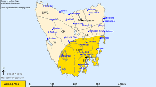 Tasmania's south-east is under a severe weather warning after a low-pressure system formed off the coast. 