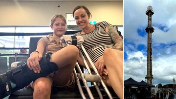 Holly and her mum Katie Sanzo wait to see a doctor, after the 12-year-old smashed her foot leaping from the Mega Drop.