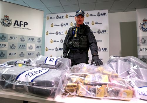 An Australian Federal Police officer at a 2017 press conference about an investigation which has resulted in the arrests of seven men, and the seizure of a significant quantity of cocaine and cash in Melbourne, Australia.