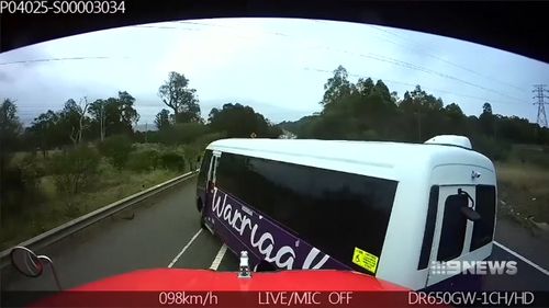 The vehicle can then be seen overtaking a b-double at 100km/h. Picture: Supplied