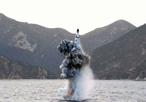 An underwater test-fire of a strategic submarine ballistic missile at an undisclosed location in North Korea on April 23, 2016. (AFP PHOTO/KCNA VIA KNS)