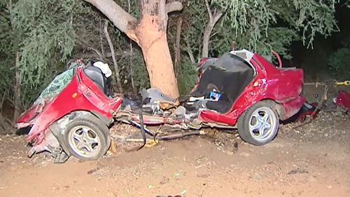 The Nissan Pulsar crashed after a police pursuit. (9NEWS)